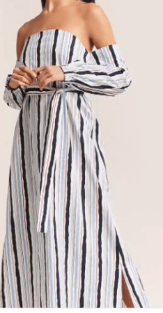 White and blue off shoulder, striped maxi dress 