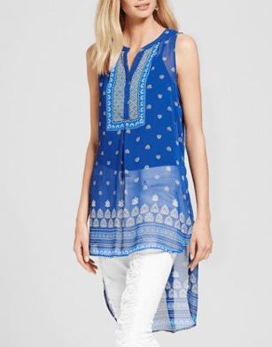 Bright blue, patterned, sheer tunic with high-low hem