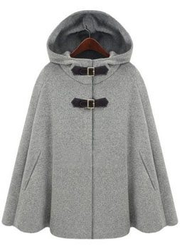 Grey Hoodie Two PU Buckle Woolen Cape Coat