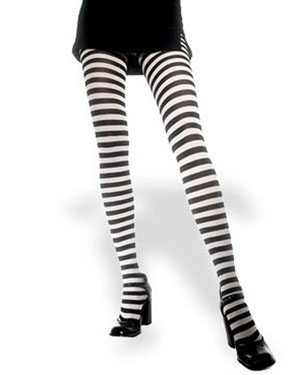 reusing old halloween costumes: woman's legs wearing black and white striped tights