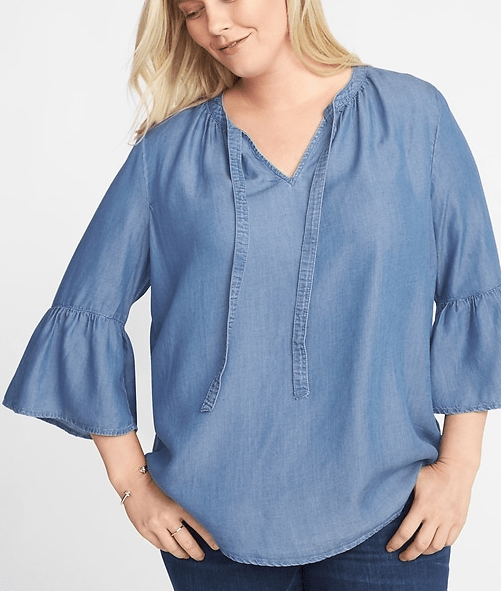 Chambray blouse with bell sleeves