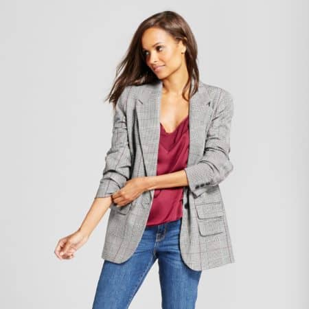 Check blazer with maroon tank and jeans