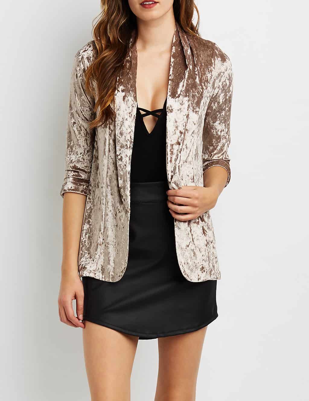 trendy taupe velvet blazer