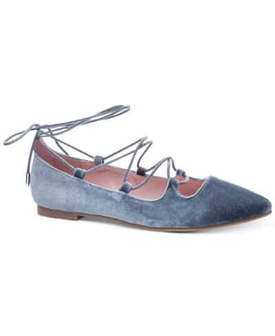 Pale blue velvet flat soled shoe