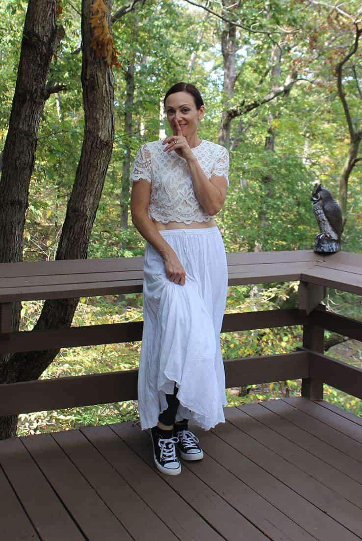 Tobi crop top with a white peasant skirt