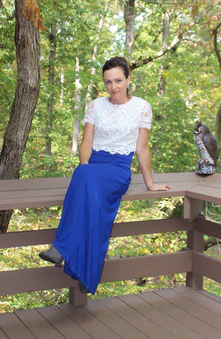 Crop top paired with bright blue maxi dress