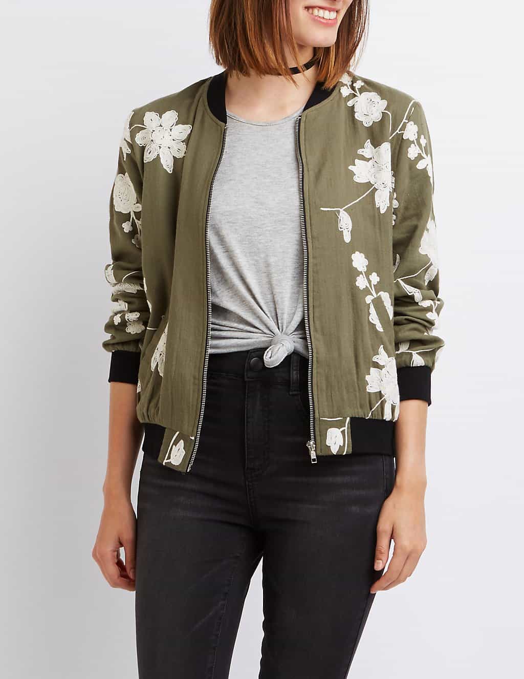 embroidered clothes - green and white bomber jacket with embroidery