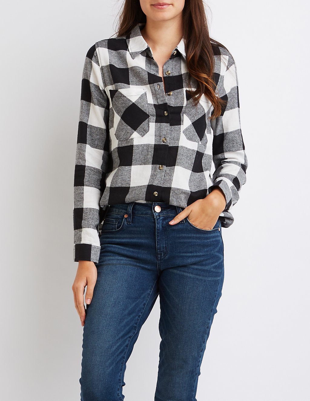 ralph lauren for less - woman wearing buffalo plaid shirt