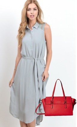 How to wear bright colors: outfit collage with grey dress and bright red bag