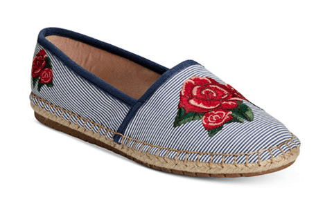 Striped blue espadrille style flats with red flower detail