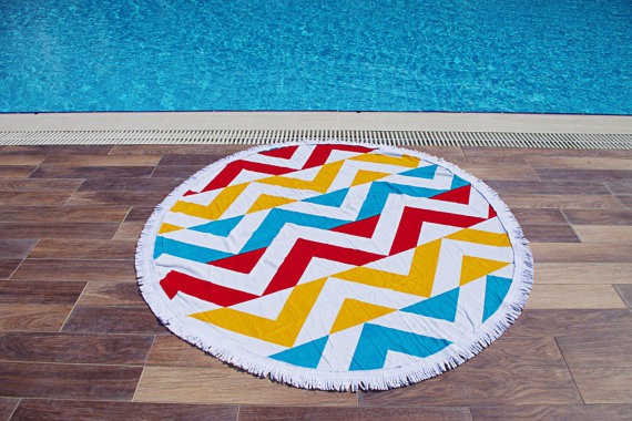 Red, blue and yellow round with geometric pattern