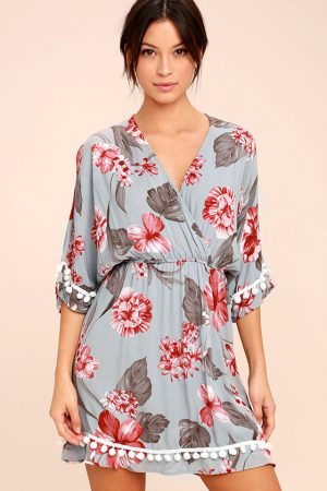 elastic waist floral dress with tassels