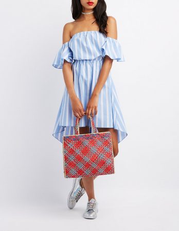 off the shoulder dress in blue and white stripe