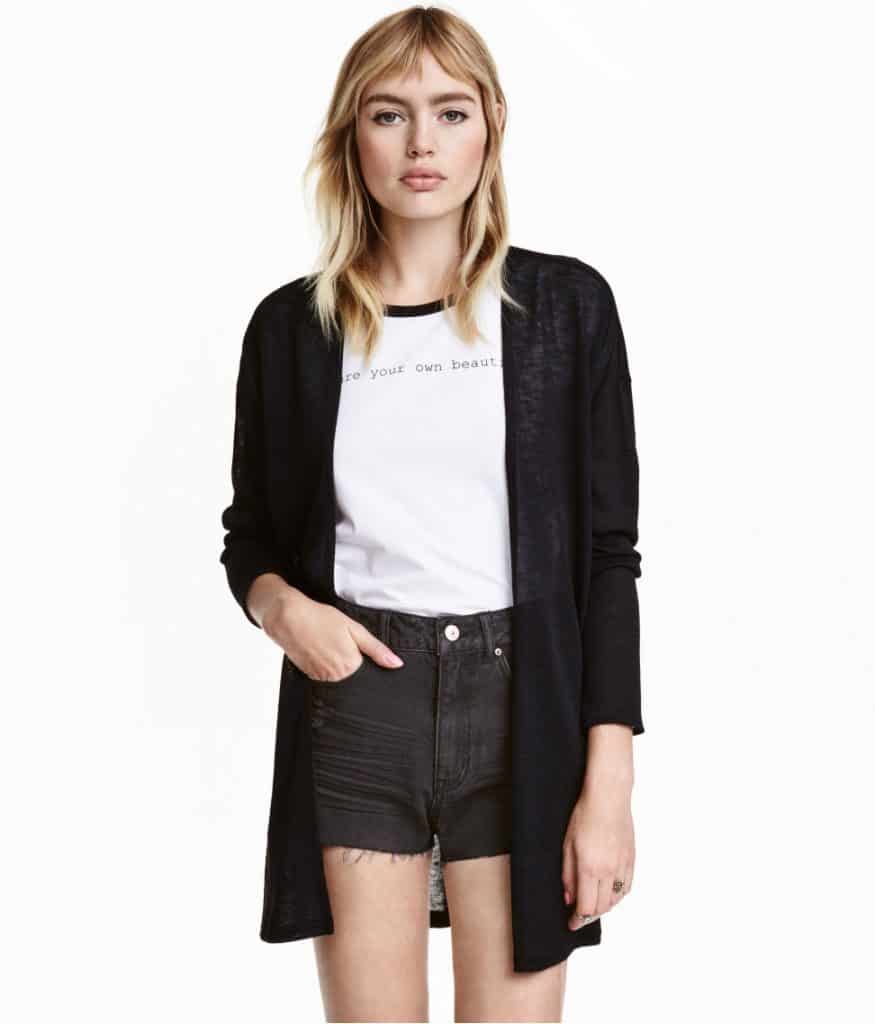 model wearing shorts and sheer cardigan