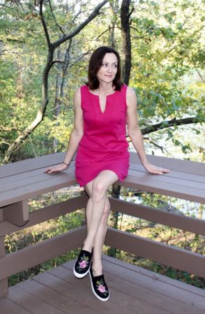 Hot pink cotton dress with statement sneakers