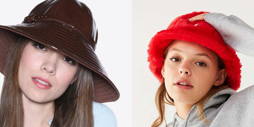 Collage of trendy hats — patent leather rain hat and fur bucket cap