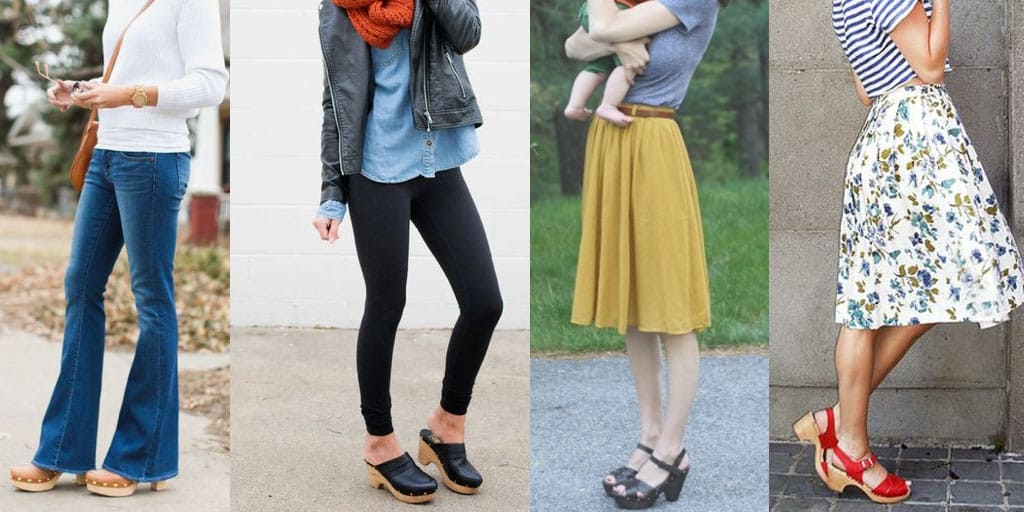 collage of four outfits with clogs