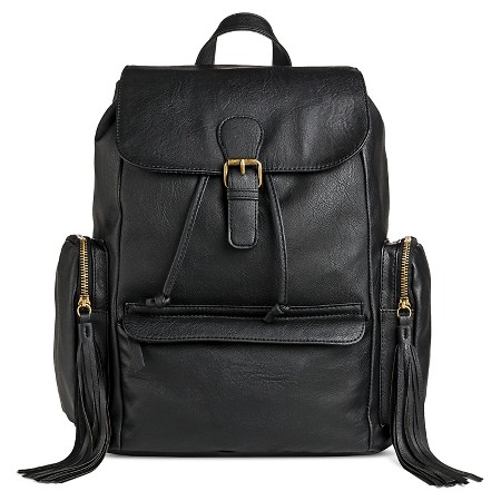 black leather backpack style work bag on white background