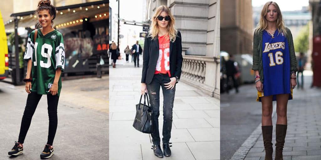 Collage of three girls stylishly wearing sports jerseys