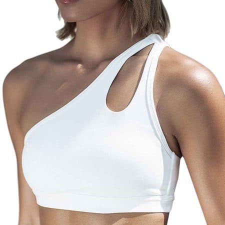 White one-shoulder sports bra