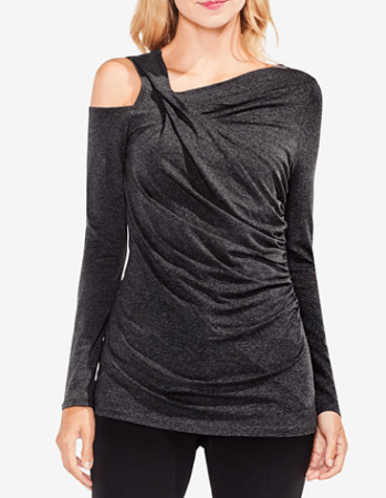 Dark heather gray ruched top with an asymmetric neckline