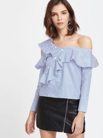 Blue and white striped one-shoulder top with ruffle at neckline