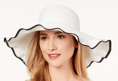 Floppy white sun hat with black trim