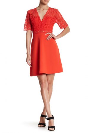 wedding fashion for women over 60 collection - bright red, short dress with v neck and lace detail