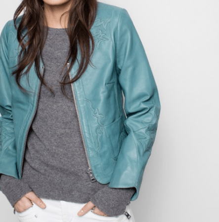 Soft aqua lambskin jacket with appliqué pockets