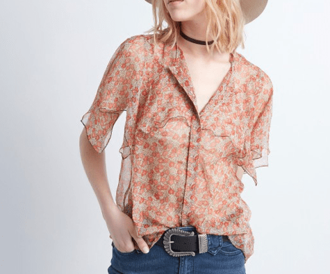 Coral blouse with floral print and mandarin collar