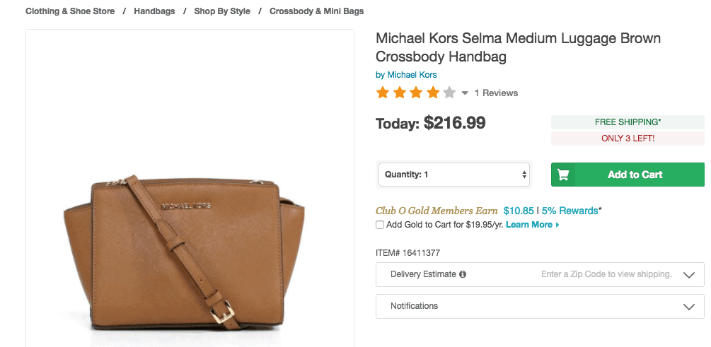 Michael Kors bag for $216 on Overstock