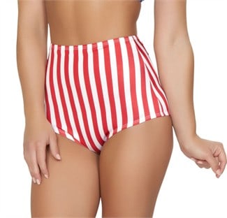 Red and white striped, high-waisted bikini bottoms