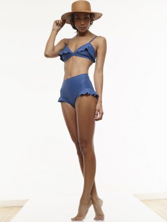 Blue, two-piece swimsuit with triangle top and full coverage bottoms