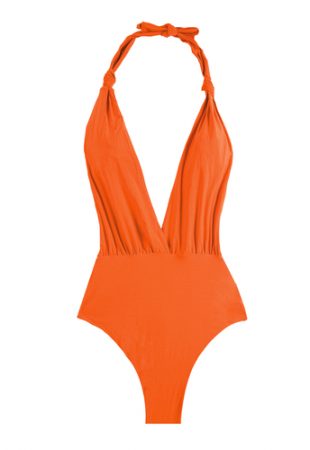 Orange one piece swimsuit with deep v neckline