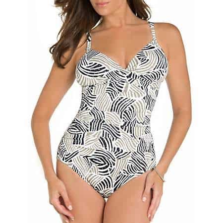 White one-piece suit with beige and black pattern