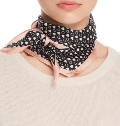 Black and white silk scarf with heart pattern and pink edge